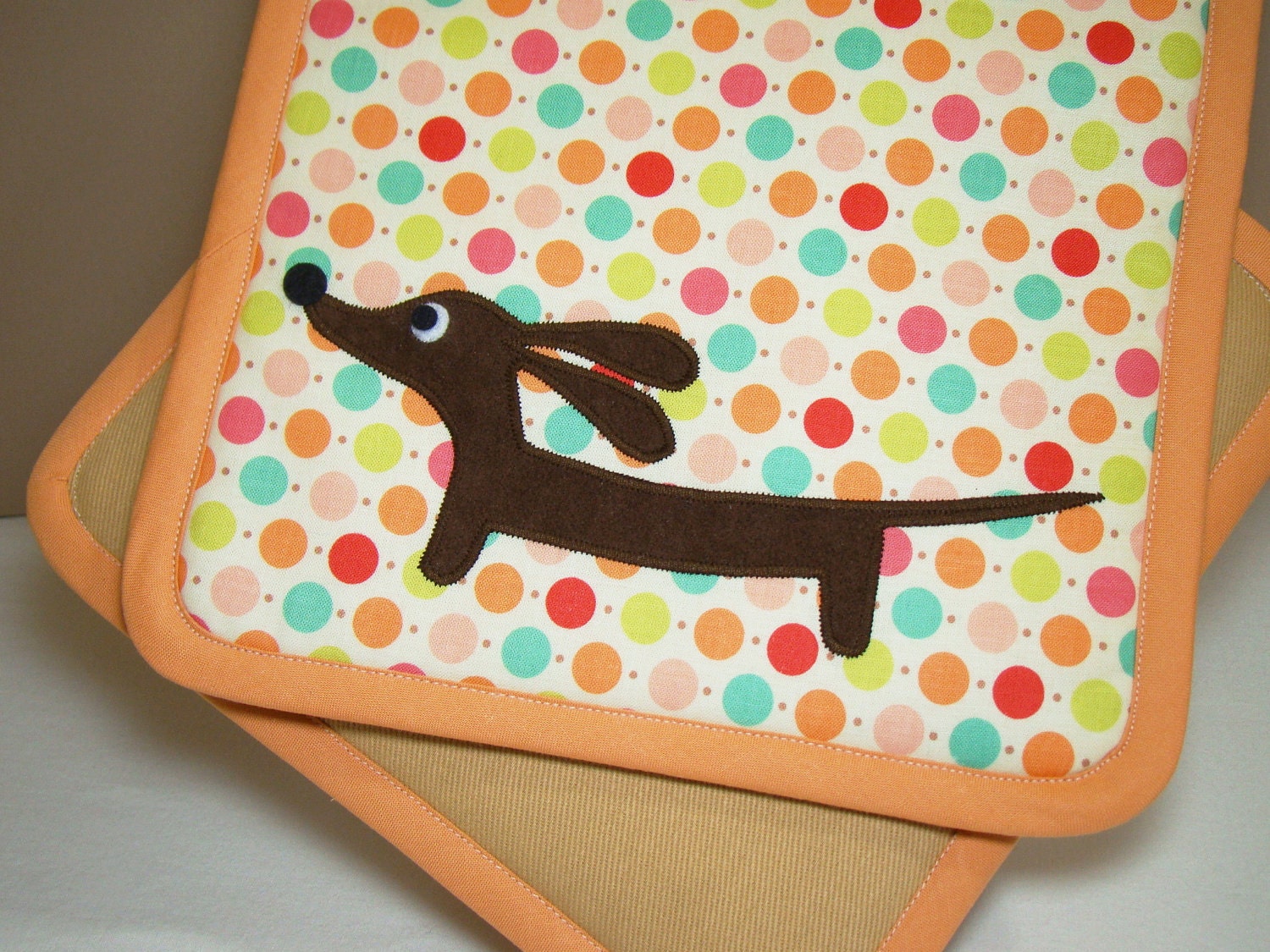 Doxie Rainbow Dot Kitchen Set of Two Supersized Dachshund Potholders Featuring Designer Cotton Fabric