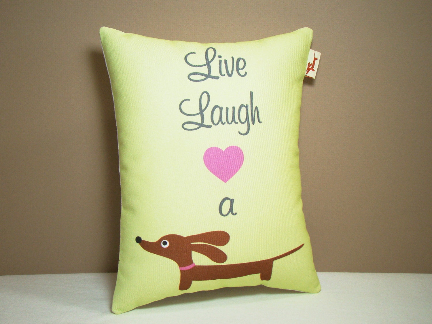 Live Laugh Love a Doxie Mini Rectangular Decorative Dachshund Whimsy Pillow Featuring Our Exclusive Custom Fabric in Fresh Celery