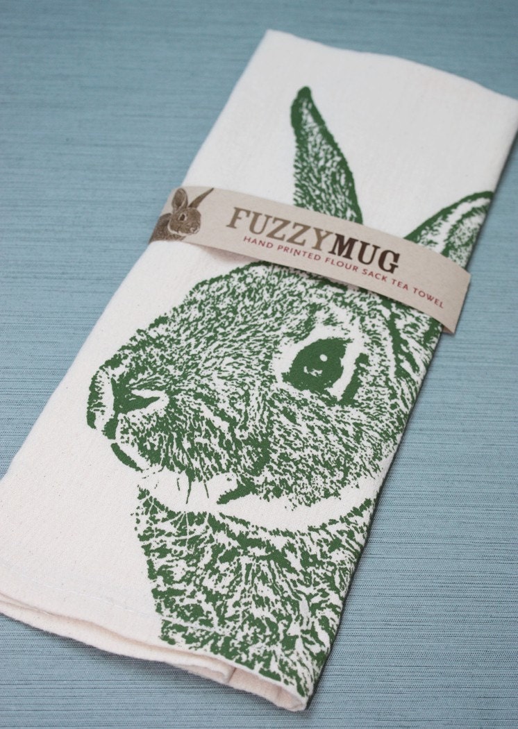Fuzzy Bunny in Moss - Hand Printed Flour Sack Tea Towel (unbleached cotton)