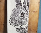 Fuzzy Bunny in Brown - Hand Printed Flour Sack Tea Towel (Unbleached Cotton)