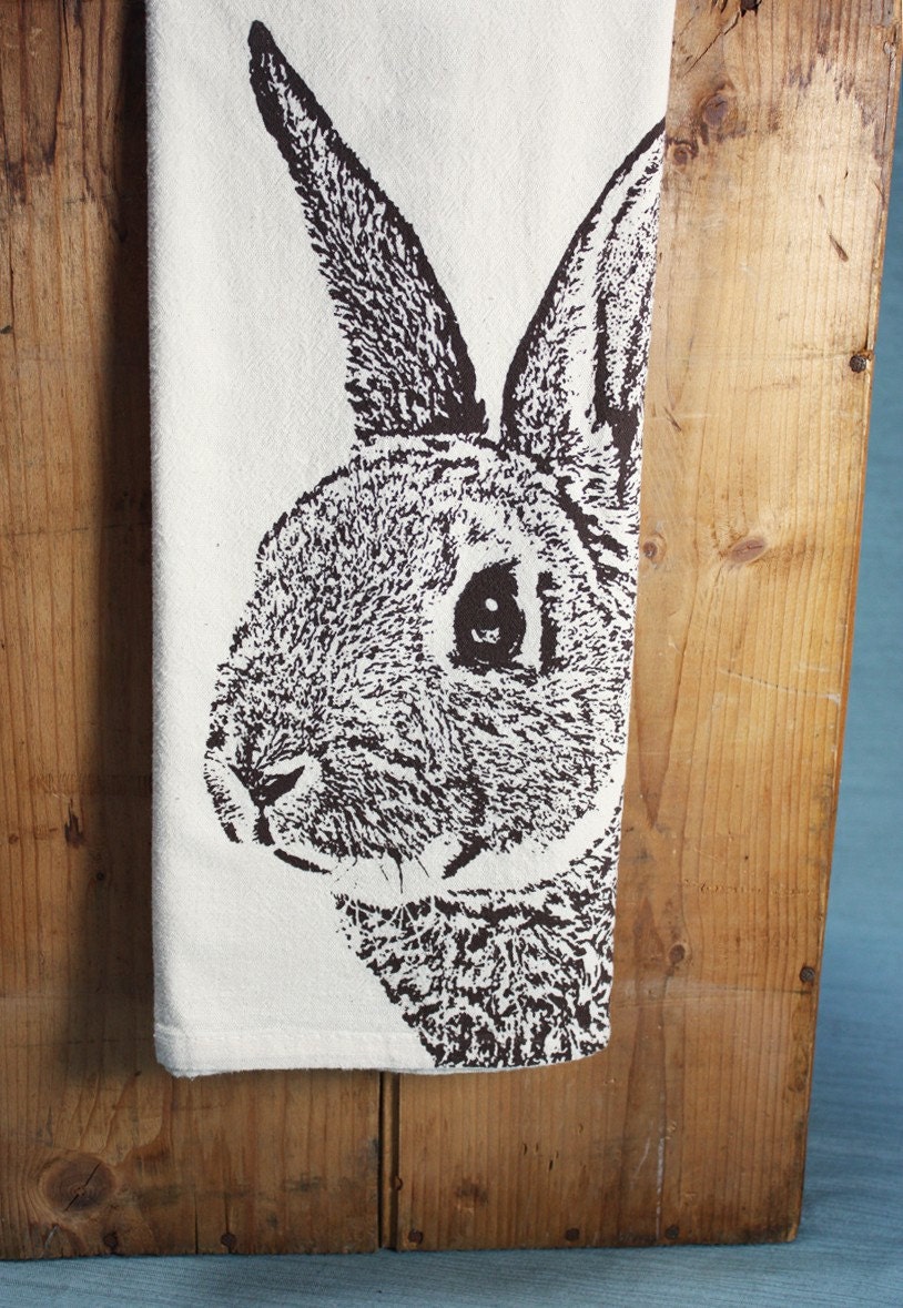 Fuzzy Bunny in Brown - Hand Printed Flour Sack Tea Towel (Unbleached Cotton)