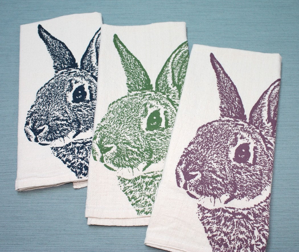 Fuzzy Bunny in Blush - Hand Printed Flour Sack Tea Towel (Unbleached Cotton)