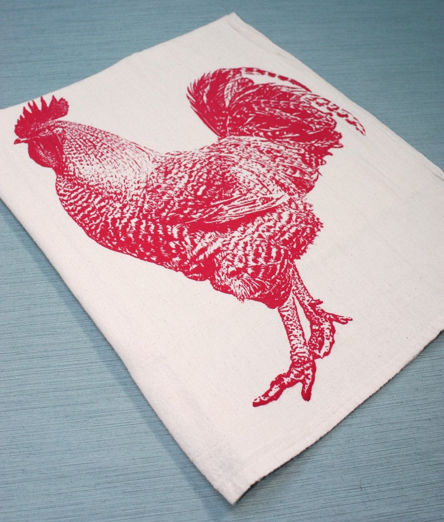 Rooster in Red - Hand Printed Flour Sack Tea Towel (Unbleached Cotton)
