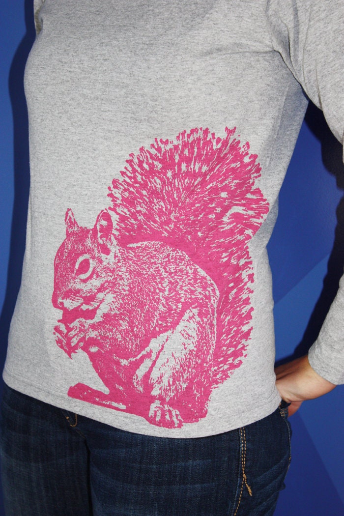 Super Squirrel Long Sleeve TShirt, Pink on Heather Gray - Ladies XL
