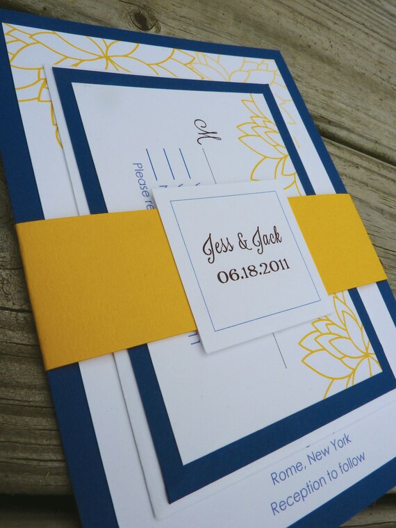 Modern Chrysanthemum Blue & Yellow 5X7 Floral Wedding Invitations with Belly Band