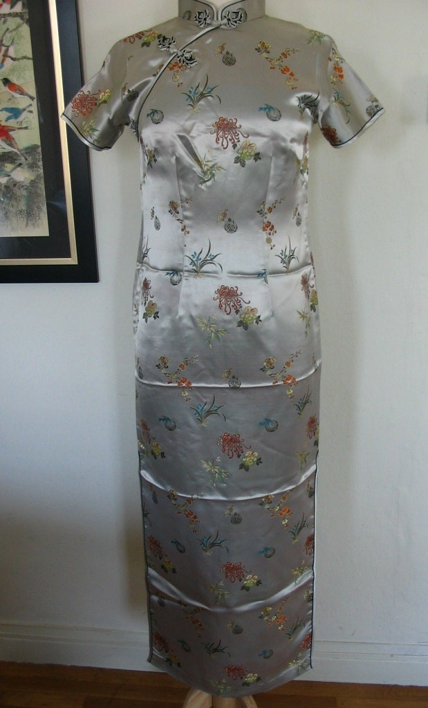 Silver Satin Brocade Multicolor Floral Maxi Dress Cheongsam Size S