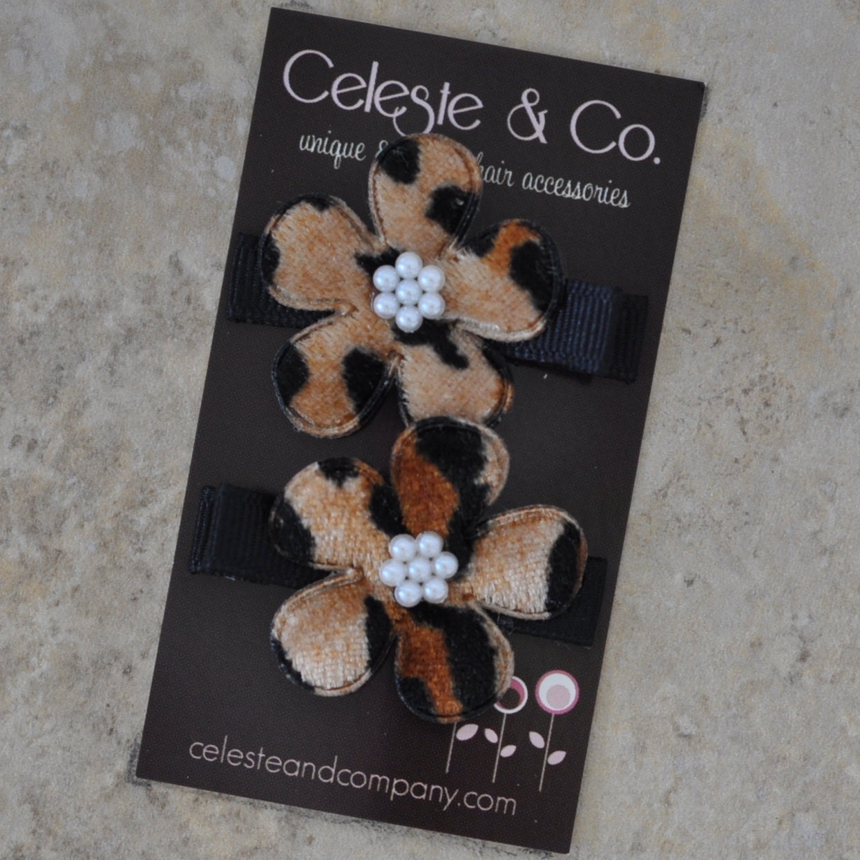 Baby Infant and Toddler Hair Bow Clips Precious Pair - Leopard Print Flowers - Alligator Clips - Newborns, Babies, Infants and Toddlers