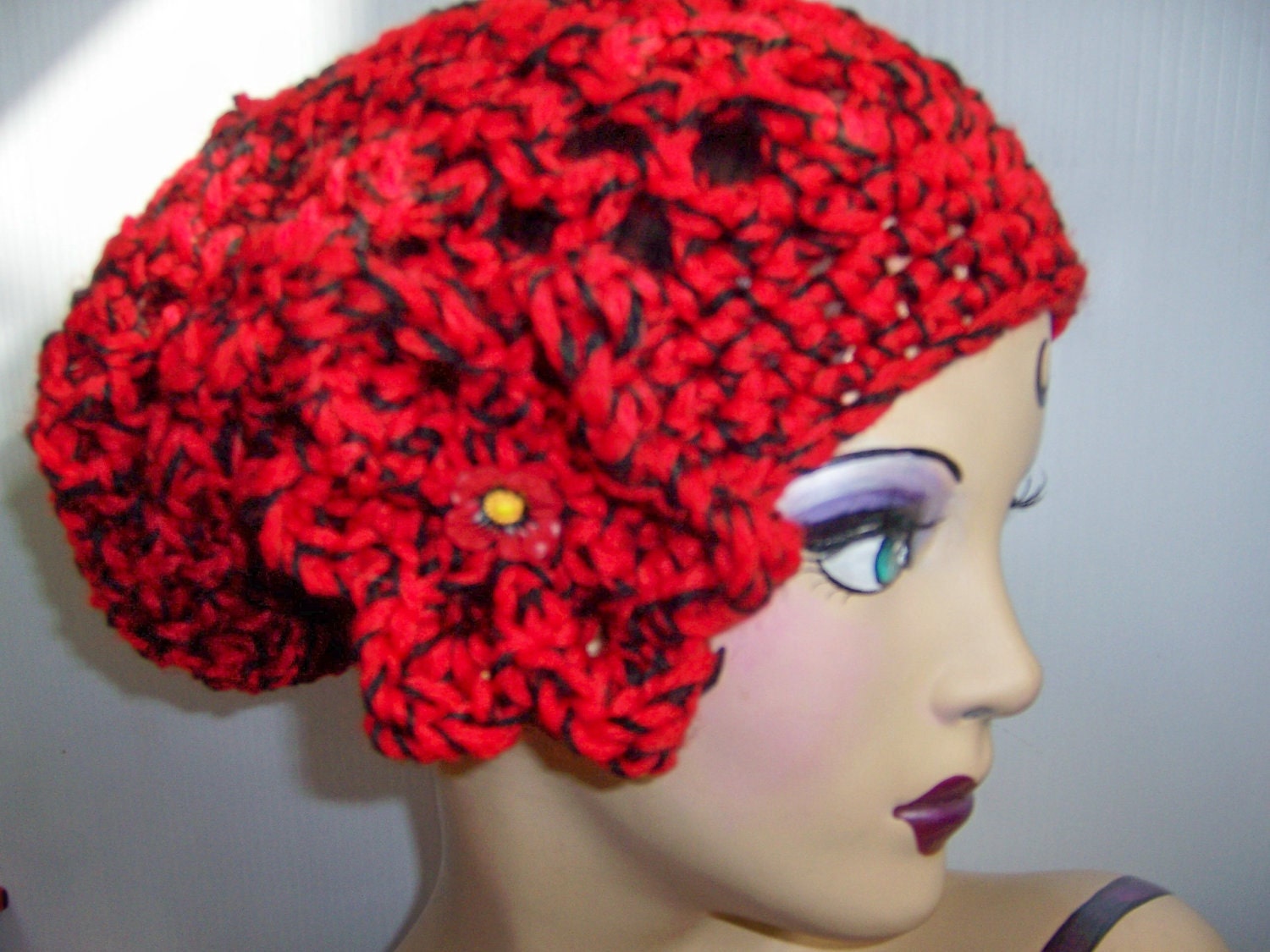 RASTAFARIAN RED Beret Handmade Crochet Witchy Warm Slouchy Gypsy Hat w/Large Daisy Flower