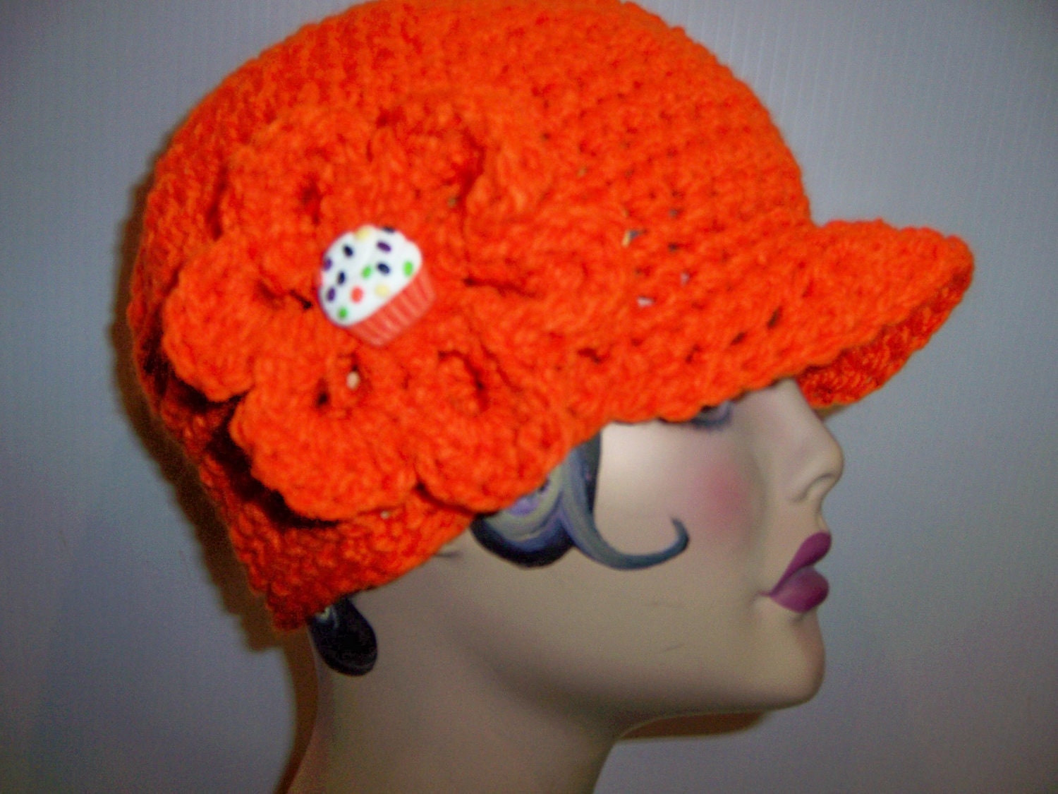 ORANGE OBESSION Hat Handmade Crochet Bulla Newsboy Baseball Cap w/Flower and Cupcake Button