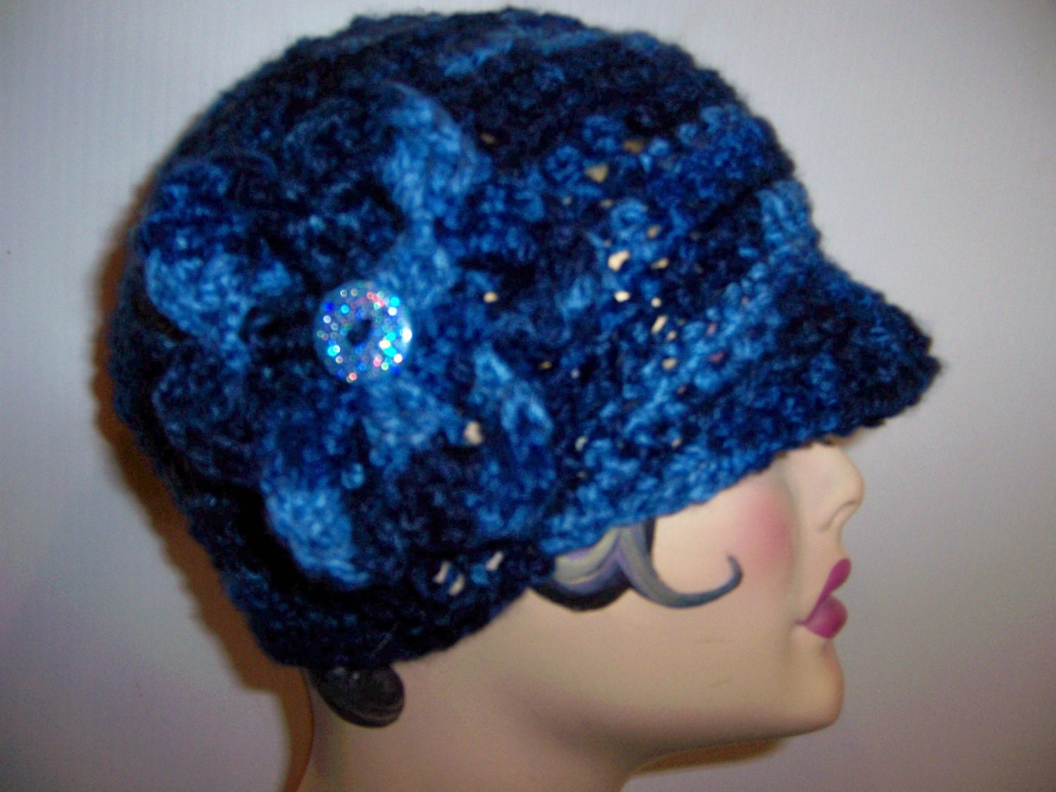 DEEP DENIM Hat Handmade Crochet Bulla Newsboy Baseball Cap w/Flower and Sparkle Button