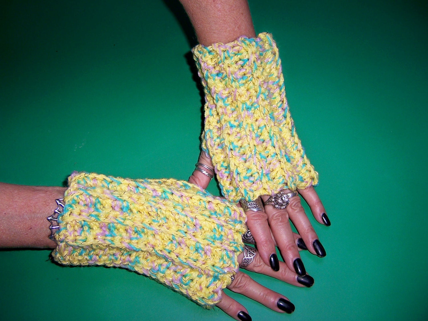 GLISTENING GOLDENROD Fingerless Gloves Handmade Crochet Gold Sparkle Handwarmers