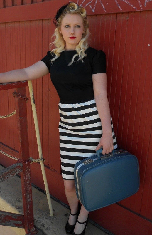 Black and White Stripe Retro Mad Men Wiggle dress Size Medium Ready to Ship