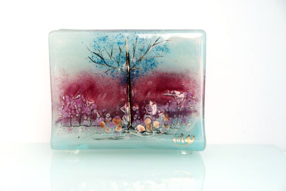 Fused Glass napkin holder ,  landscape shades of transparent blue and pink.