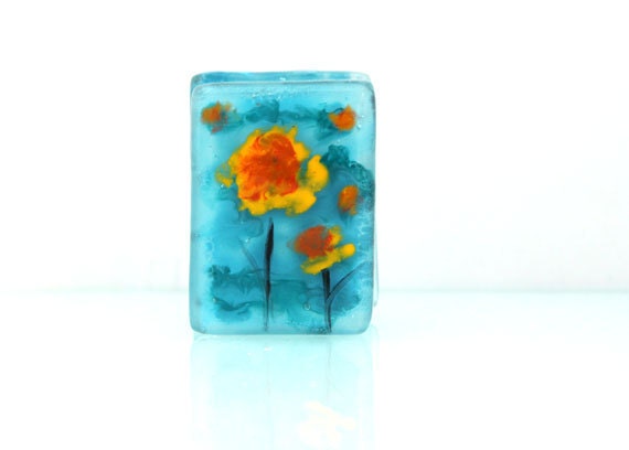 Fused Glass painted Toothpick Holder, Turquoise  landscape series.