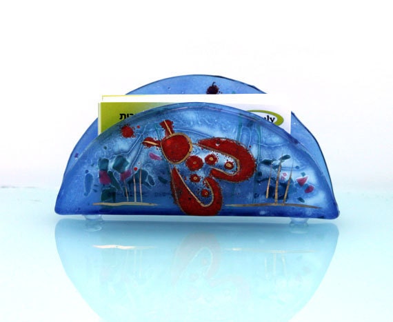 Fused Glass Business Card Holder, red butterfly
