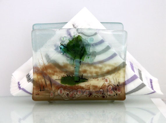 napkin holder,  Fused Glass Earth toning landscape