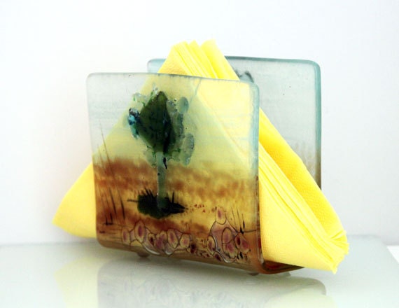 napkin holder,  Fused Glass Earth toning landscape
