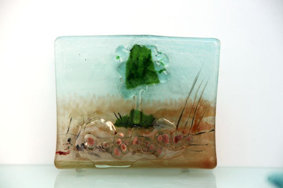 napkin holder,  Fused Glass Earth toning landscape
