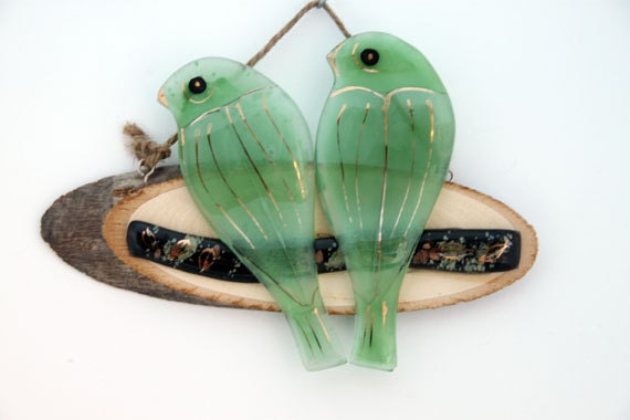 fused glass hanging wall art - love green birds on a branch.
