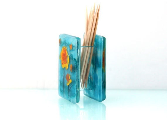 Fused Glass painted Toothpick Holder, Turquoise  landscape series.