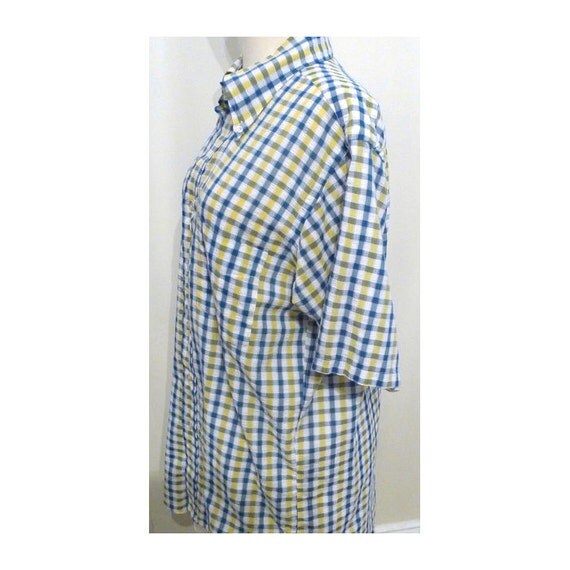 SALE Vintage Oxford Shirt/ Short Sleeves/ Mens Medium/ Golf Top / Blue Yellow Windowpane Plaid