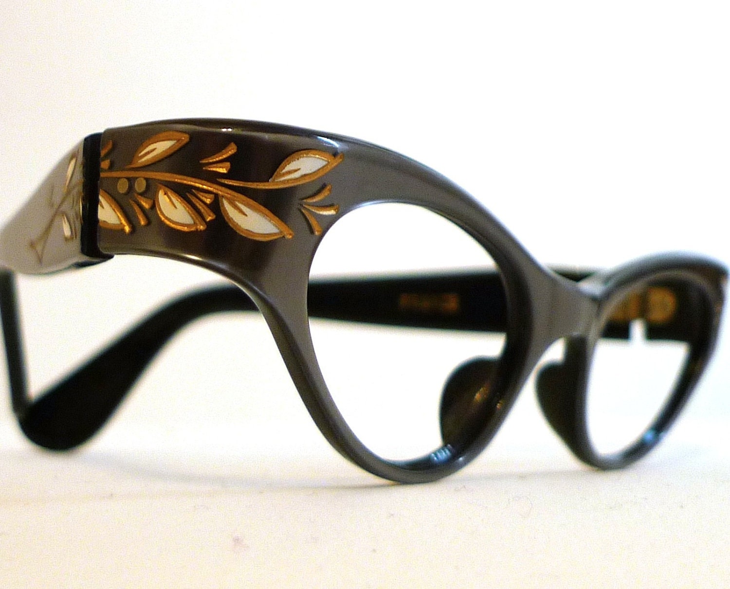 Gilded White Vine Cat Eye Eyeglass Frames, France, Grey-Black Eye or Sunglasses, NOS