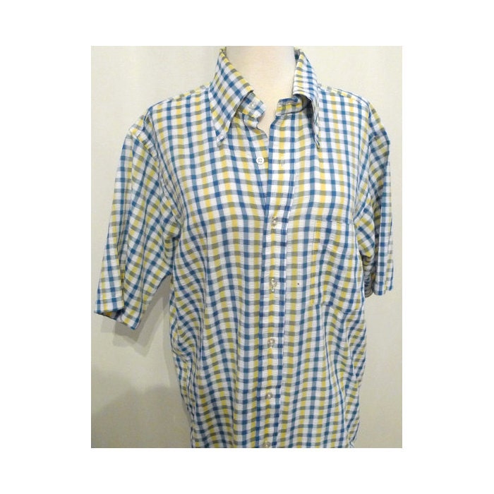 SALE Vintage Oxford Shirt/ Short Sleeves/ Mens Medium/ Golf Top / Blue Yellow Windowpane Plaid