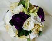 Silk Bridal Bouquet Brides Maid Purple Green Vineyard Modern Wedding Flowers Bridal party accessory silk artificial ranunculus, orchid roses