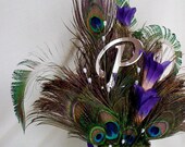 Wedding accessories decoration Cake Topper Peacock Feathers Square Purple Ready Ship Silver Monogram Initial Bridal  reception decor