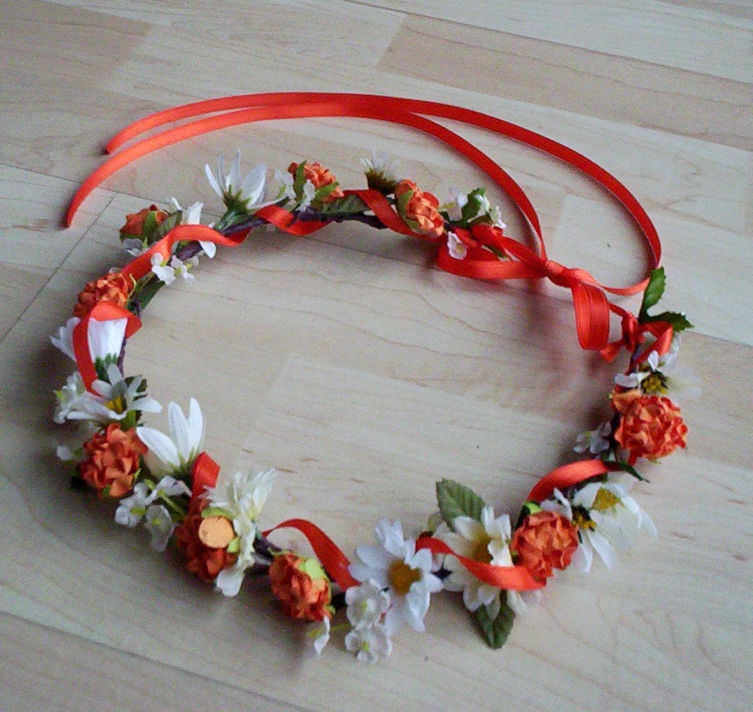Flower Crown Bridal Headpiece Tangerine Orange Fall Wedding Accessories Daisy hair wreath autumn circlet, flower girl halo