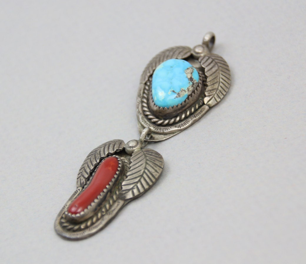 70s STERLING PENDANT / Chunky Large Turquoise & Coral Necklace