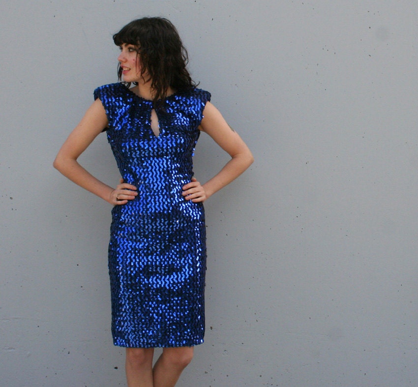 80s PARTY DRESS / Blue Sequin Bandage Mini with Keyhole & Low Back, xs-s