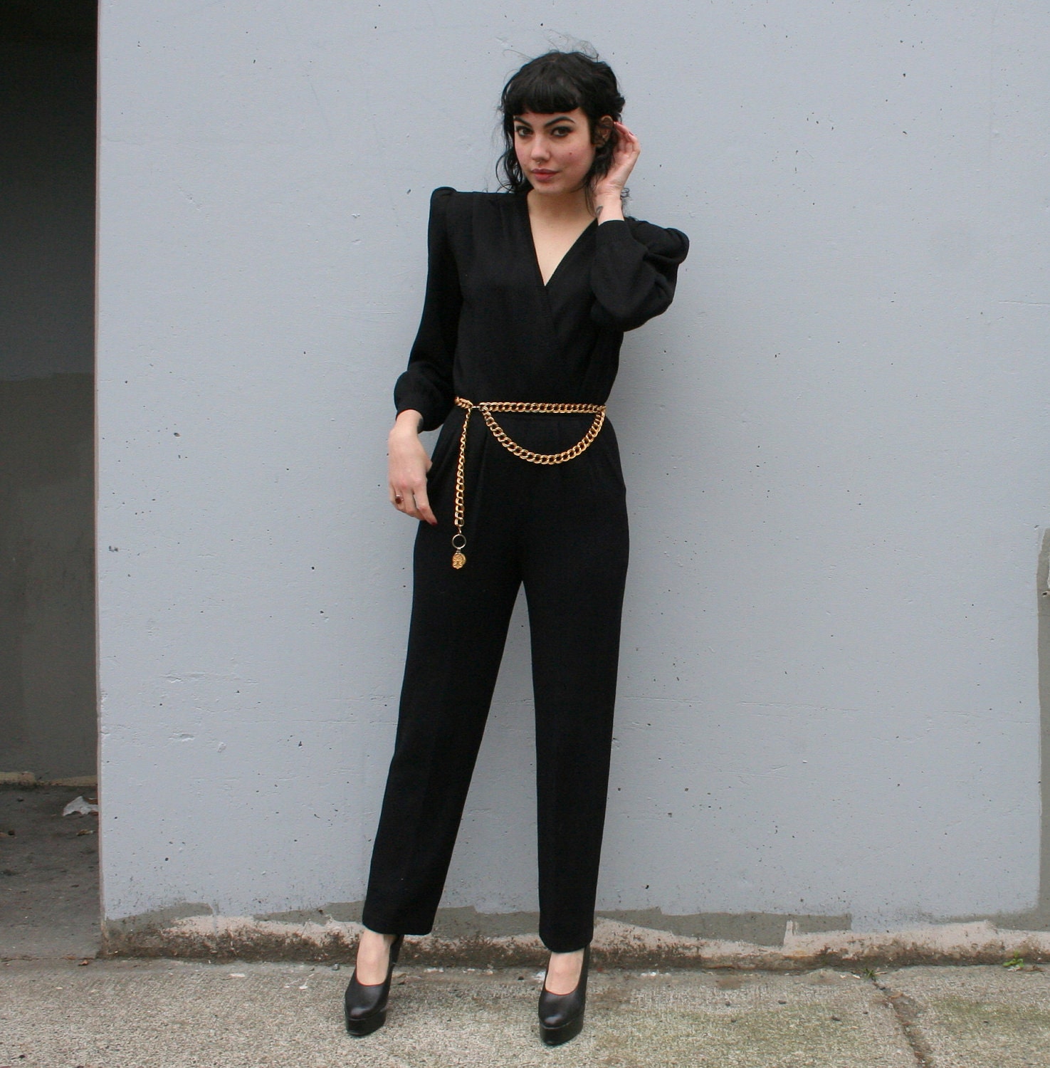 1980s ST JOHN JUMPSUIT / Chic Black Santana Knit Onesie, xs-s