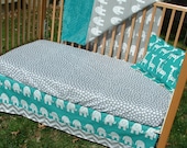 Turquoise and Gray : Elephants, Chevron - Custom Crib Bedding Set - Blanket, Skirt, Pillow - Blue, Turquoise, Teal, Grey