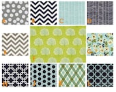 OAK MEADOW,  Trees, Chevron Zigzags - Modern Custom Crib Bedding Set - Blanket, Bumper, Fitted Sheet - Navy Blue, Lime Green, Aqua, Gray