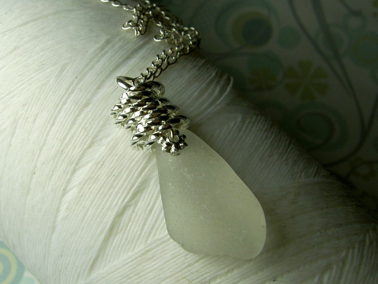SALE ....  Jump In the Water is Fine - vintage white seaglass and stacked jumpring sterling silver necklace