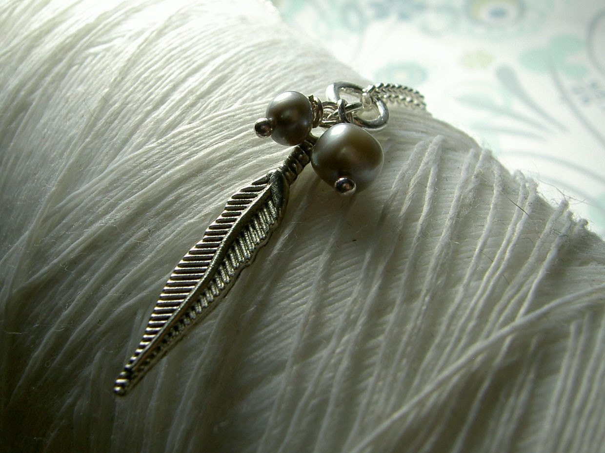 Pearls of a Feather - genuine freshwater gray pearls and feather sterling silver necklace - GhostShip