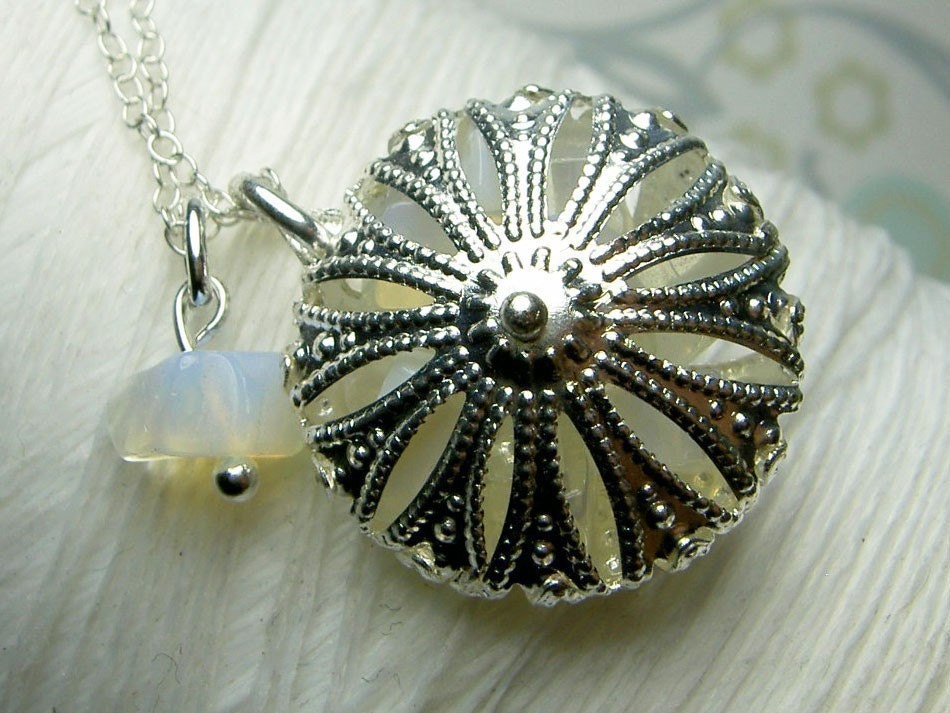 Worry Locket - opal gemstones in filigree flower locket sterling silver necklace