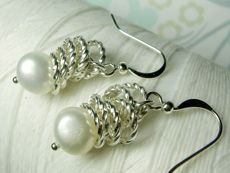 Jump In the Water is Fine - genuine white freshwater pearl and stacked jumpring earrings