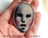 Hand Painted Silver Pendant, Doll Face