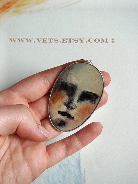 Silver Hand painted Pendant, Doll Face