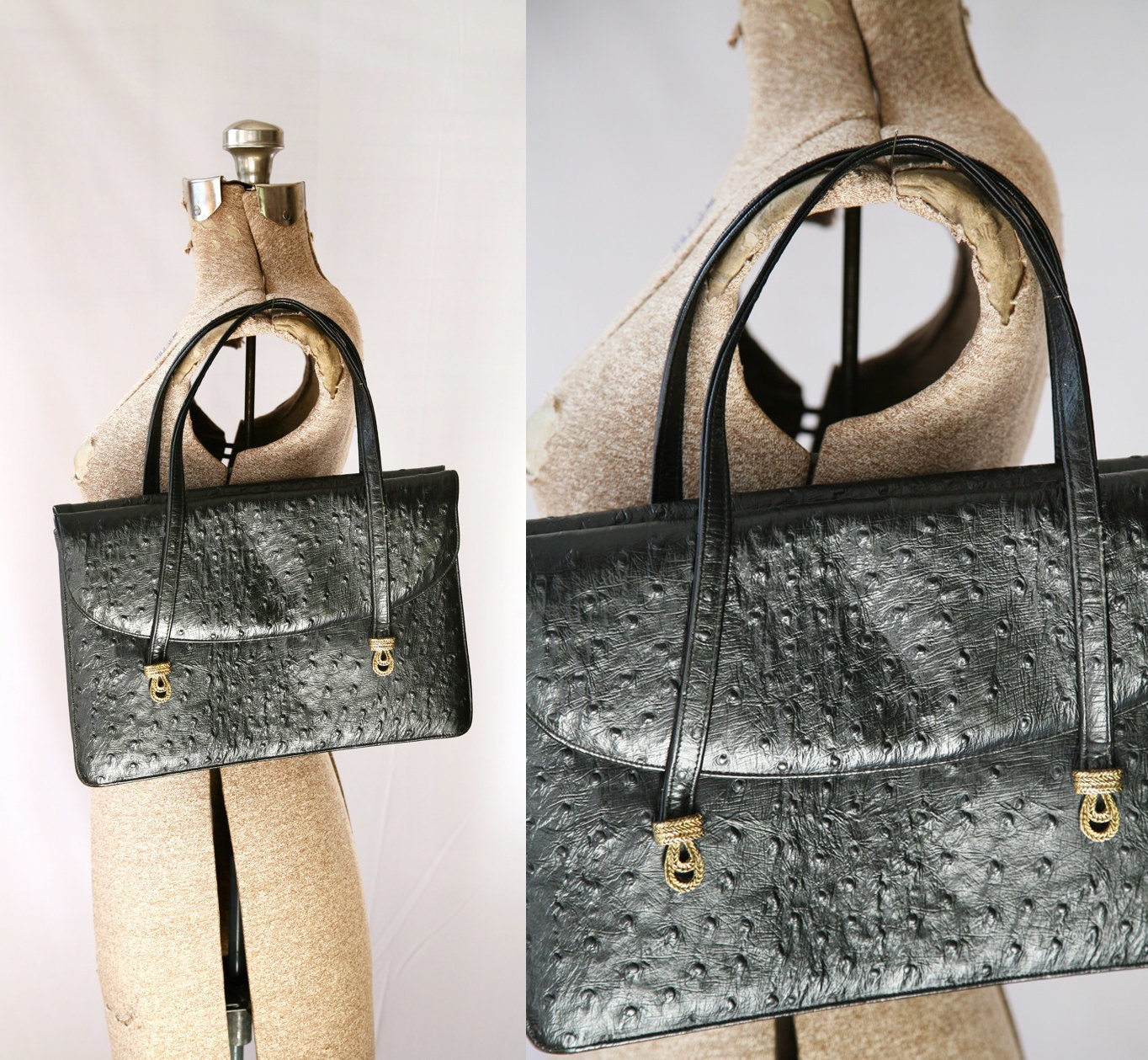 Vintage 50s Purse, Ostrich Embossed, Black Leather,  Elegant MidCentury Pocketbook Handbag
