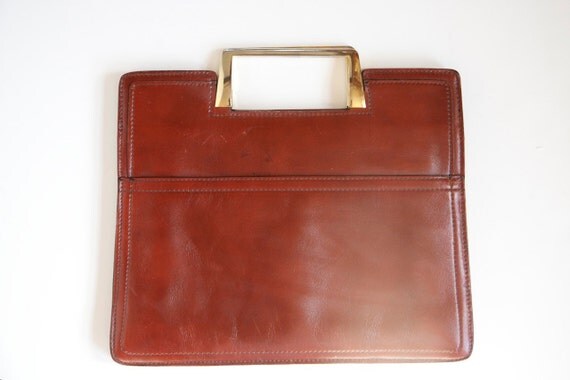 Vintage 1970's Purse . Leather - Cognac Brown Square Tote. Metal Handles