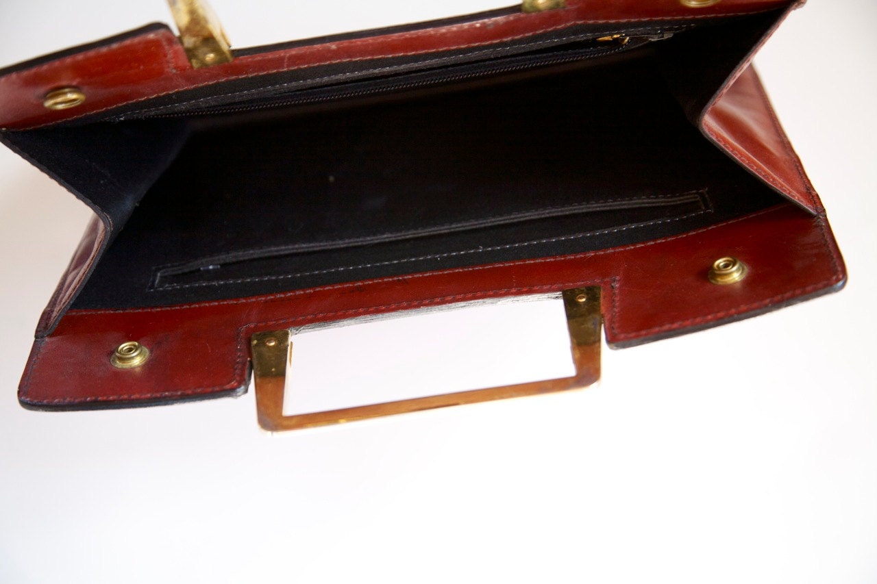 Vintage 1970's Purse . Leather - Cognac Brown Square Tote. Metal Handles