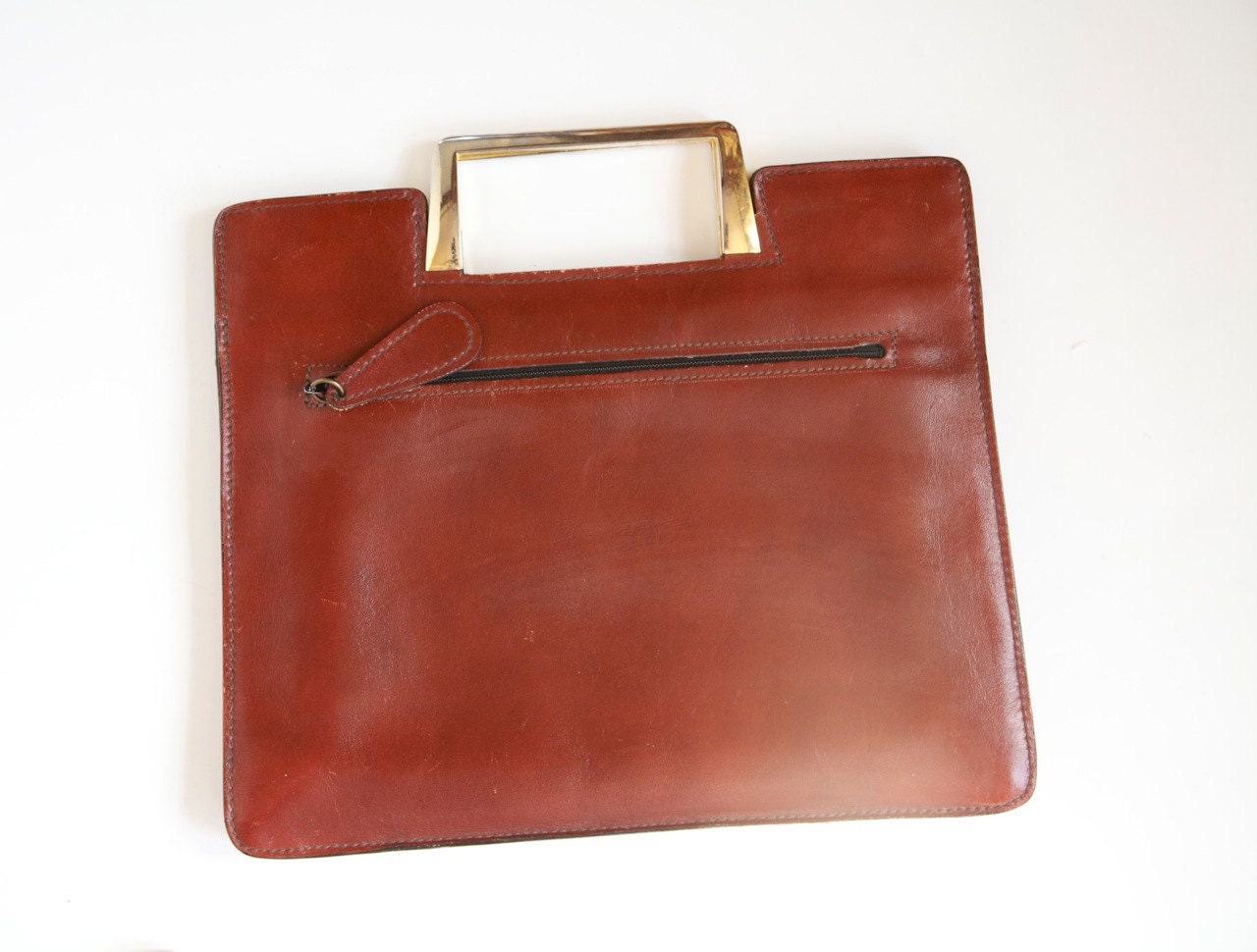 Vintage 1970's Purse . Leather - Cognac Brown Square Tote. Metal Handles