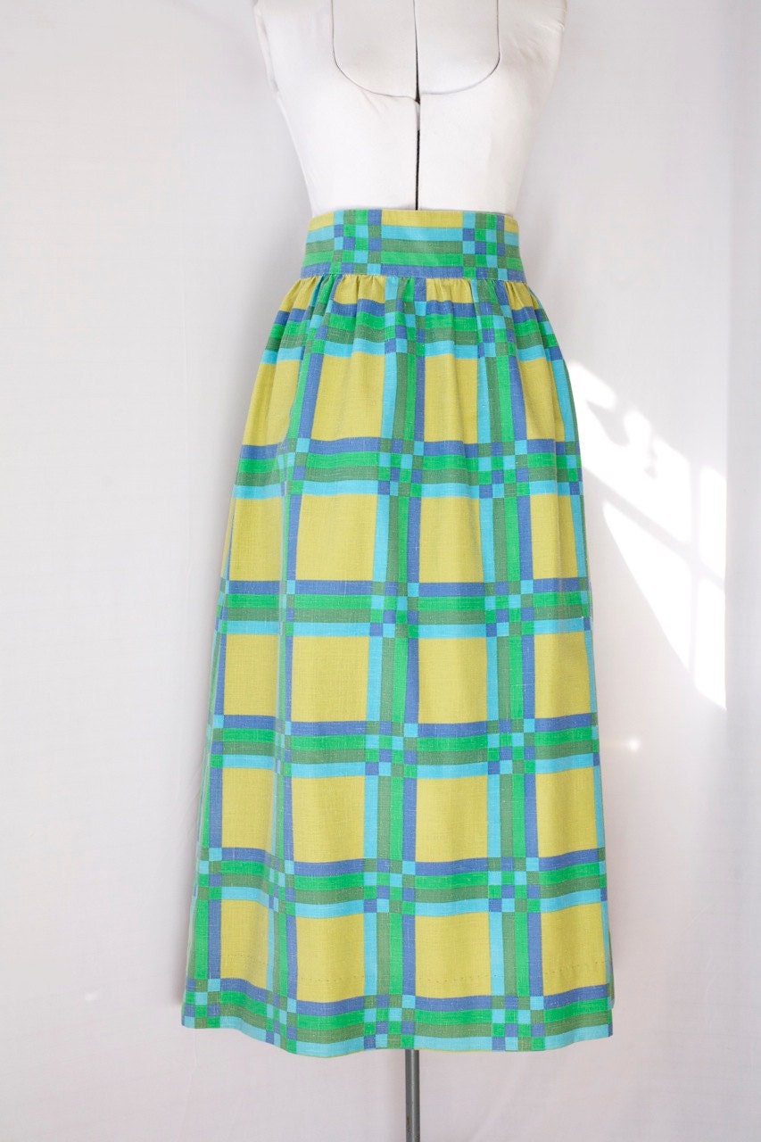 Vintage 60s Skirt, Op Art, Green & Blue Mod Print