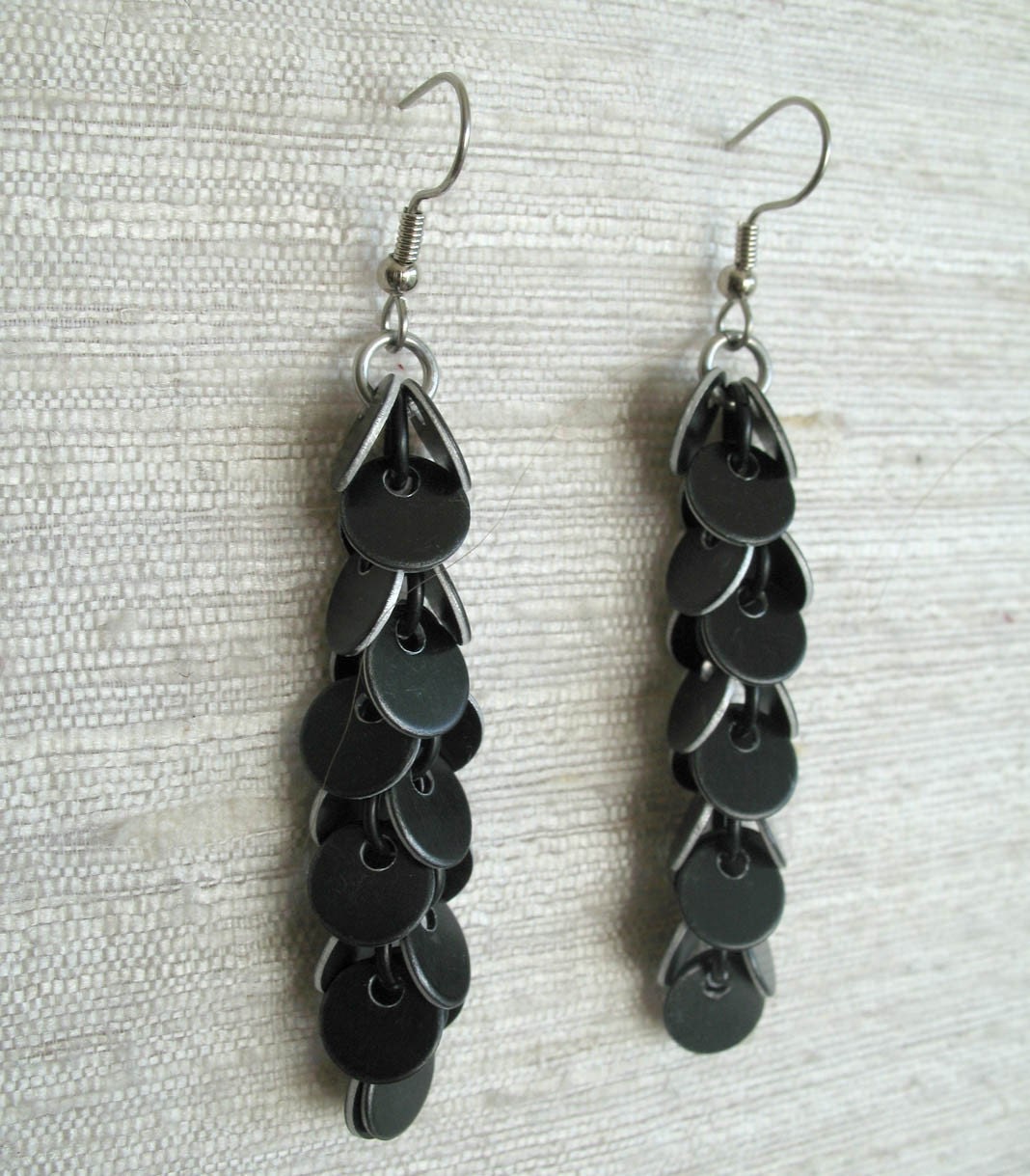 Long Black Confetti Chainmail Earrings