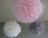 Age of Innocence - 3 Tissue Pom Kit - Feathery Pink and Soft Gray Paper Flowers - Portland Original Il_170x135