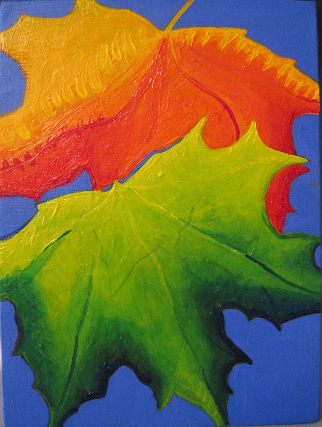Vibrant painting Maple Leaves Green and Orange acrylic paint on Masonite