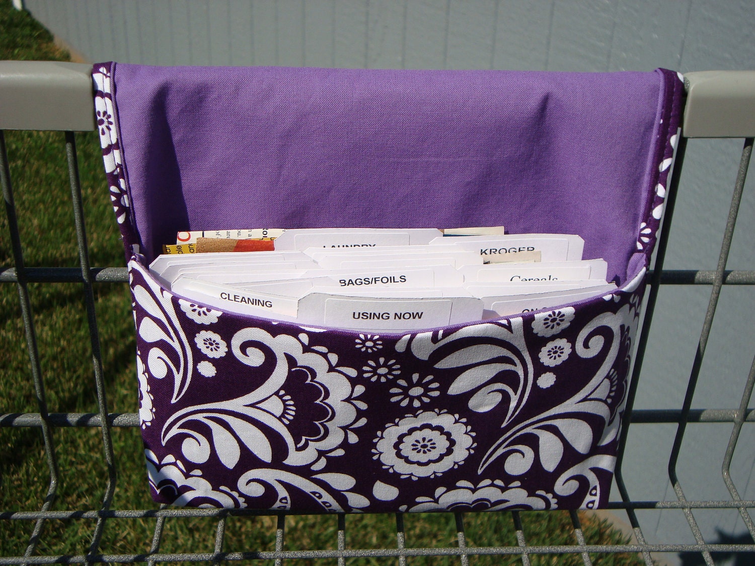 Fabric Coupon Organizer /Budget Organizer Holder - Attaches to Your Shopping Cart - Purple and White Floral